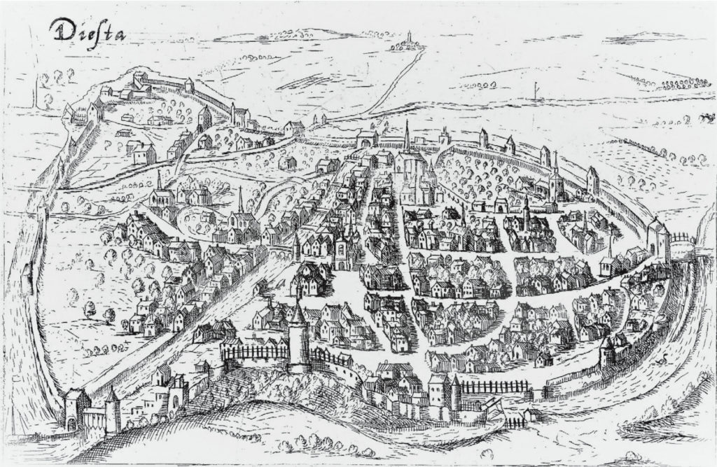 Voorstelling van Diest en de stadswallen anno 1570